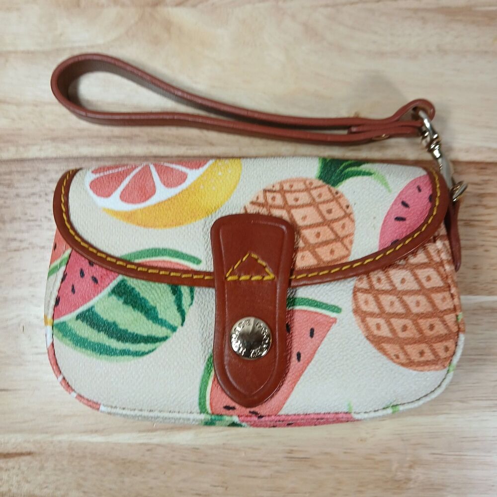 Dooney and Bourke Ambrosia Fruit Wristlet 6"×4"×1.5" Rare Y2k Goldtone Hardware
